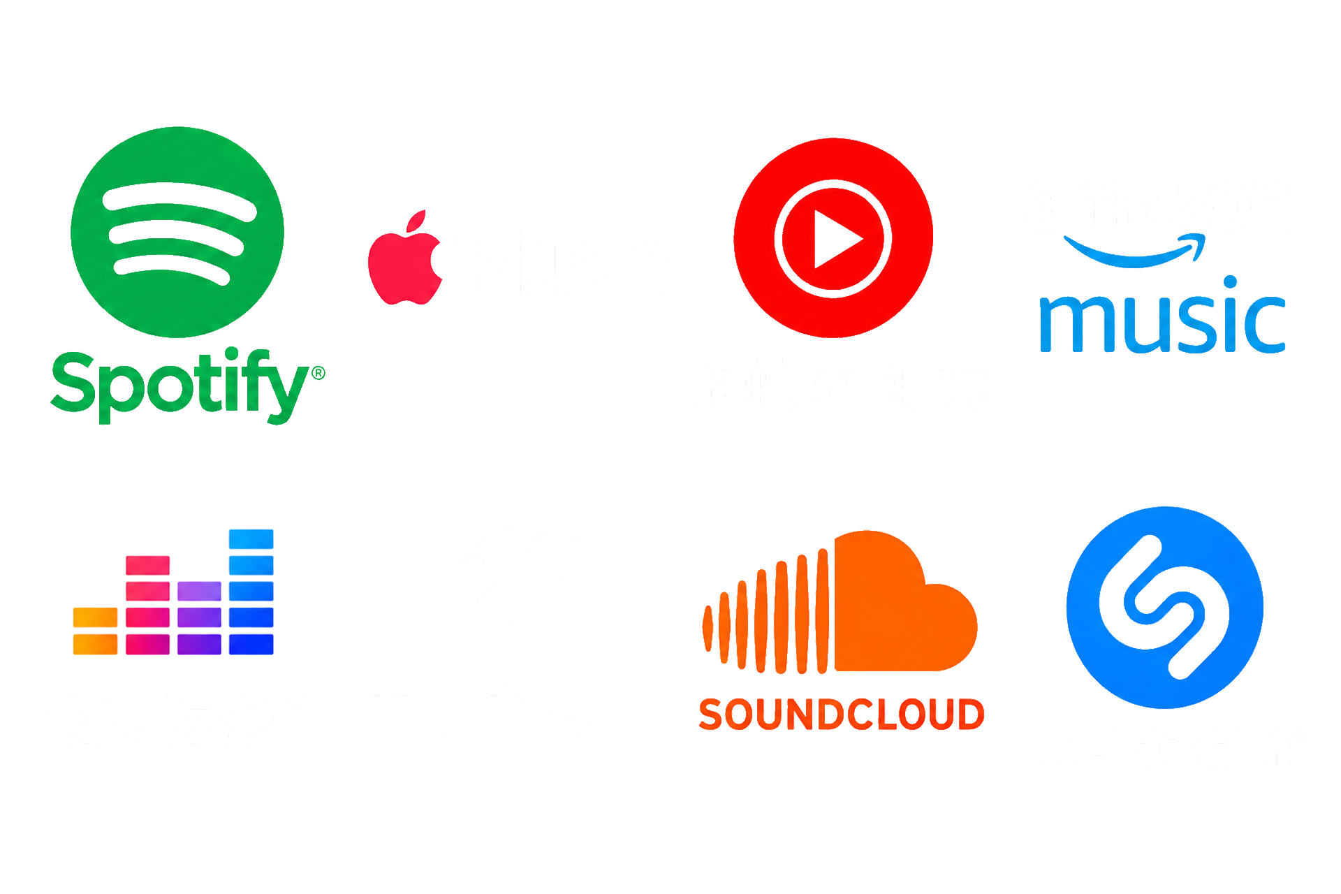 Spotify, Apple Music, YouTube Music, Amazon Music, Deezer, Tidal, SoundCloud e Shazam